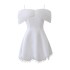 French one neck dress, white skirt, three-dimensional flower mesh, pleated sleeves, camisole skirt, light luxury dress 68378