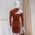 2024 Autumn/Winter New Red Shoulder Long Sleeve Slimming Dress 68852