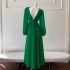 2024 Summer New Product Forest Green Long Sleeve V-neck Waist Collection Daily Long Dress for Women 68725