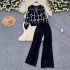 Xiaoxiangfeng Western style two-piece women's autumn and winter fashion versatile long sleeved printed knitted cardigan wide leg pants sweater set