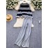 Lazy style striped knit sweater with round neck and loose fit, high waist slimming and wide leg long pants, autumn and winter set for women