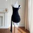 Sexy hot girl black suspender dress with pleated bow temperament, slim fit, waist pack, hip skirt, female 68414