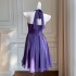 French socialite purple waist cinched pleated short skirt, feminine temperament, queen style, hanging neck, exposed backpack, hip dress 67979