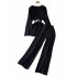 Fashion suit women's Korean retro long sleeved round neck loose slimming knit sweater two-piece set high waist wide leg pants