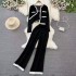 Fashion suit Korean version long sleeved contrasting knitted cardigan jacket vest three piece set high waist slimming straight leg wide leg pants