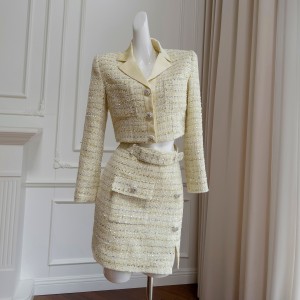 Early autumn new French design style yellow coarse tweed socialite short jacket and skirt set 91536+51308