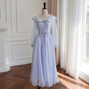 French style princess dress sweet short sleeved waist slimming blue dress with bubble sleeves and mesh long dress 68532