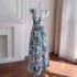 Fashionable and casual temperament, slim fit, waist cinching, vacation long skirt, blue floral print, suspender dress 68712