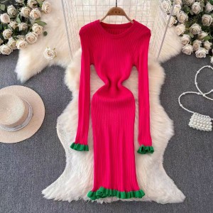 Pure desire style temperament, long sleeved round neck, waist cinching, slimming, knitted, hip hugging, base knit dress, autumn and winter sweater dress