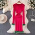 Pure desire style temperament, long sleeved round neck, waist cinching, slimming, knitted, hip hugging, base knit dress, autumn and winter sweater dress