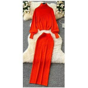 Fashion set for women in autumn and winter, retro round neck, cinched waist, slimming knit top, two-piece set, high waist, hip hugging skirt