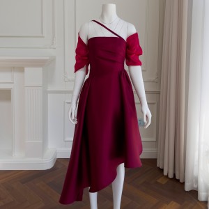 2024 Spring/Summer New Product Wine Red Temperament Waist slimming Irregular Dress 68505