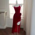 Vintage camisole red dress, light luxury birthday party, mid to long style, side slit, elegant evening dress 68432