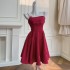 2024 early spring new product wine red suspender waist cinching slimming temperament dress dress 68295