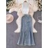 Light mature style age reducing set for women's summer sleeveless short vest, high waist slimming effect, fringed mid length fish tail skirt two-piece set