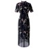 Summer new retro black butterfly decoration stand collar zipper waist cinched short sleeved cheongsam tassel long skirt for women 68645