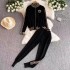 Fashion suit Korean version long sleeved stand up collar loose jacquard knitted sweater two-piece set high waist slimming straight leg wide leg pants