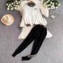 Fashion suit Korean version long sleeved stand up collar loose jacquard knitted sweater two-piece set high waist slimming straight leg wide leg pants