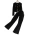 Metal round buckle small fragrant style knitted top set for women's wear 2024, high-end and fashionable, high and wide leg pants two-piece set