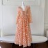 Spring and summer new vacation style long mesh embroidered flower dress, orange pink banquet party dress 68475