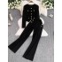 Metal round buckle small fragrant style knitted top set for women's wear 2024, high-end and fashionable, high and wide leg pants two-piece set