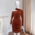 2024 Autumn/Winter New Red Shoulder Long Sleeve Slimming Dress 68852