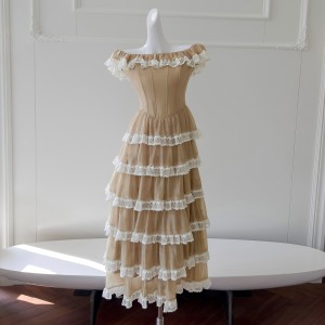 French style lace dress with a large display, sexy one neck puffy skirt, cake skirt, women's date party long skirt 68614