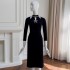 2024 autumn/winter new black long sleeved slim fit dress with a slimming temperament, mid size daily dress 68811