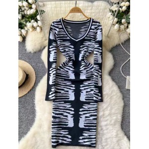 European and American niche fashionable printed dress for women in autumn, elastic, tight fitting, slimming, knitted bottom skirt, long sleeved woolen dress