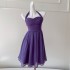 French socialite purple waist cinched pleated short skirt, feminine temperament, queen style, hanging neck, exposed backpack, hip dress 67979