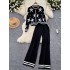 Korean fashion star print round neck single breasted knitted cardigan sweater jacket for women, high waisted casual wide leg pants