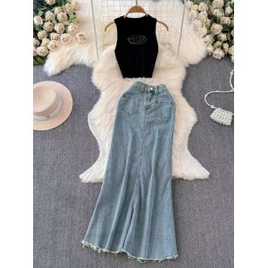 Light mature style age reducing set for women's summer sleeveless short vest, high waist slimming effect, fringed mid length fish tail skirt two-piece set