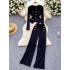 Two piece set of women's high waisted casual pants with a high-end feel, small fragrance, metal buckle round neck, slim fit and versatile long sleeved knitted shirt