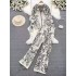 Fashion suit for women, autumn and winter, ink painting, jacquard zipper, hooded knit hoodie, two-piece set, high waist and wide leg pants