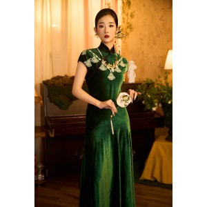 Spring and summer new improved cheongsam, Chinese Republican style formal dress, socialite green long formal dress, female 67683