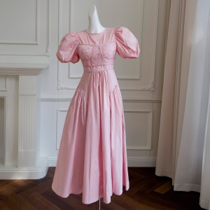 French elegant and gentle style, pink retro bubble sleeves, first love sweet temperament, long skirt, vacation dress 66652