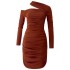 2024 Autumn/Winter New Red Shoulder Long Sleeve Slimming Dress 68852