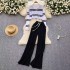 Casual suit women's Korean version versatile lapel contrasting stripes short knit top high waisted sweater wide leg floor pants