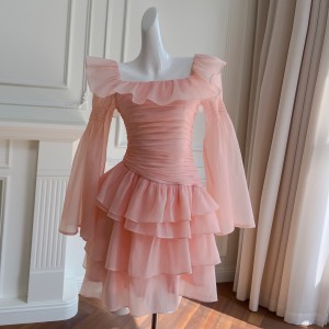 Sweet ballet style one shoulder long sleeved dress with ruffled edges, slimming cake fairy skirt, short skirt 68817