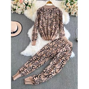 Fashion suit women's Korean version stand up collar zipper knitted cardigan jacket two-piece set high waist slimming straight leg pants casual pants