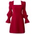 Light luxury socialite red dress dress French retro bubble sleeves square collar waist slimming long sleeved dress 68431