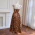 Light luxury rhinestone camisole leopard print strapless dress sexy A-line long dress slim fit dress 68736