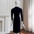 2024 autumn/winter new black long sleeved slim fit dress with a slimming temperament, mid size daily dress 68811