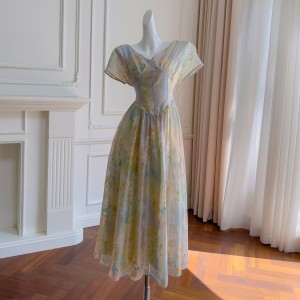 Summer new French countryside style printed vacation dress, mid length V-neck dress, long skirt 68653