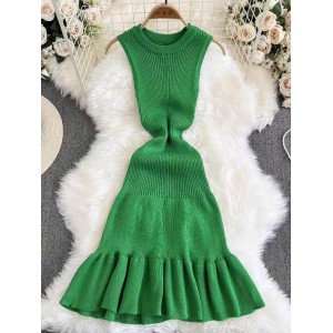 European and American hot girl tight vest skirt sexy round neck waist slimming sleeveless A-line ruffle edge knitted dress summer