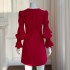 Light luxury socialite red dress dress French retro bubble sleeves square collar waist slimming long sleeved dress 68431