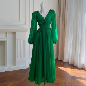 2024 Summer New Product Forest Green Long Sleeve V-neck Waist Collection Daily Long Dress for Women 68725