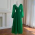 2024 Summer New Product Forest Green Long Sleeve V-neck Waist Collection Daily Long Dress for Women 68725