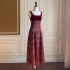 French retro square collar camisole dress with floral vest skirt, wine red toast dress, elegant formal dress dress 68340