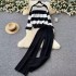 Lazy style striped knit sweater with round neck and loose fit, high waist slimming and wide leg long pants, autumn and winter set for women